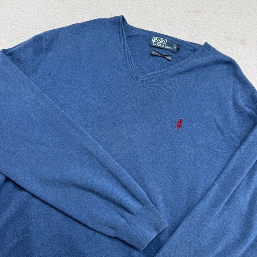 Vintage Polo Ralph Lauren V-Neck Sweater Mens Large Blue Pima Cotton Pullover
